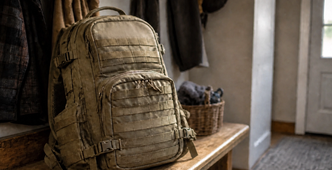 Tan tactical backpack packed and ready on an entryway bench