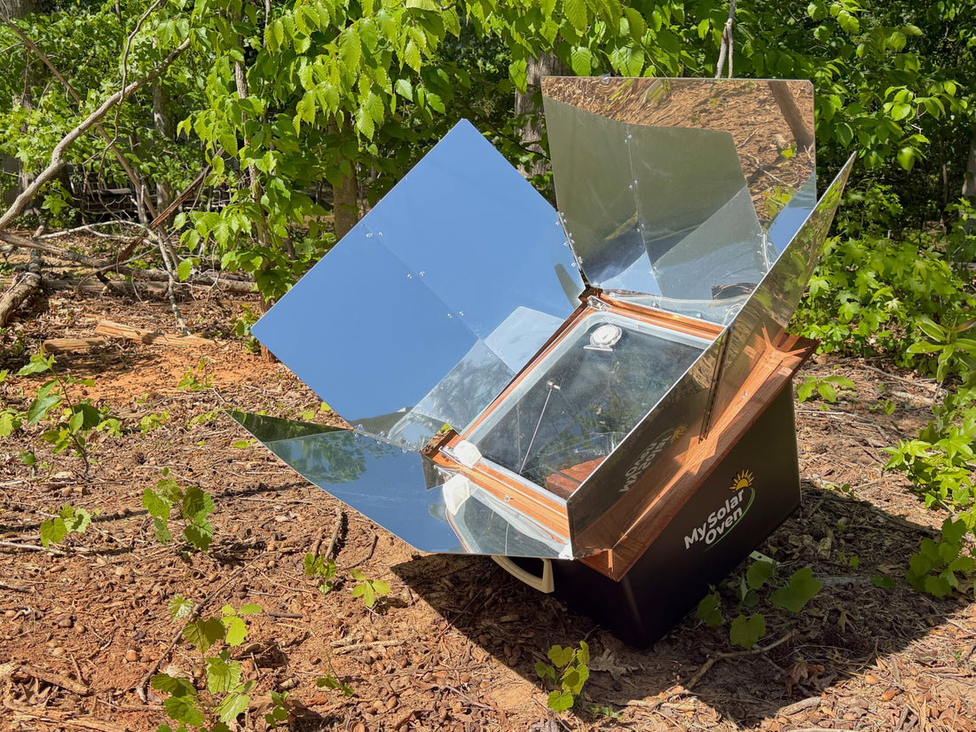 My Solar Oven with reflectors open on a wooded lot, set up for cooking