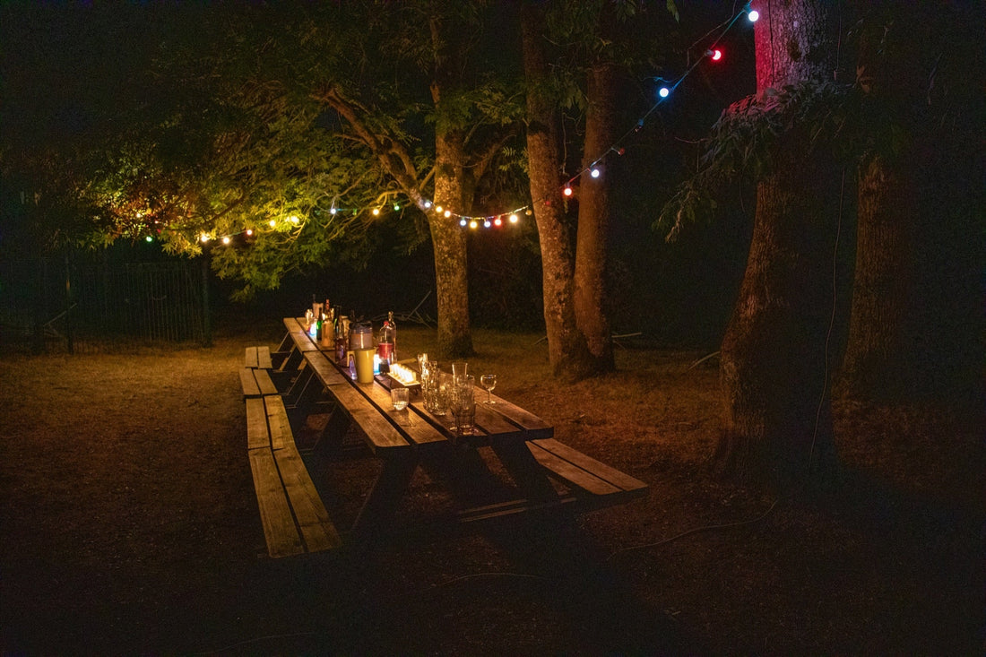 Picnic table set for dinner under string lights in a wooded backyard at night